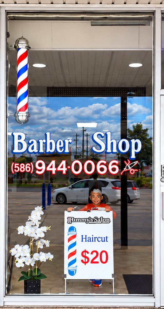 The front window: Barber Shop lettering and the shop phone number